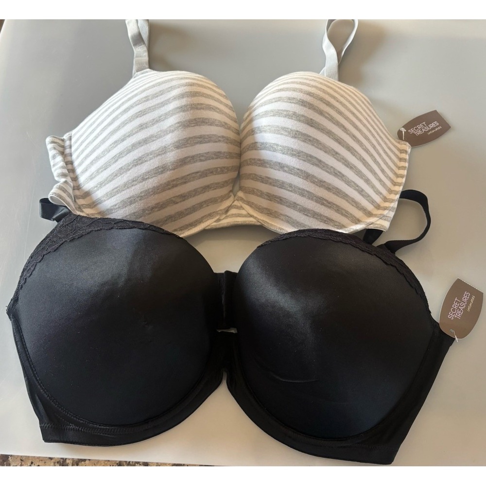 2 NEW Secret Treasures 44DDD Lifting Plunge Bras Gray/White Striped & Black